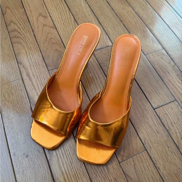 Miss Lola Shiny Orange Mules - Picture 3 of 6